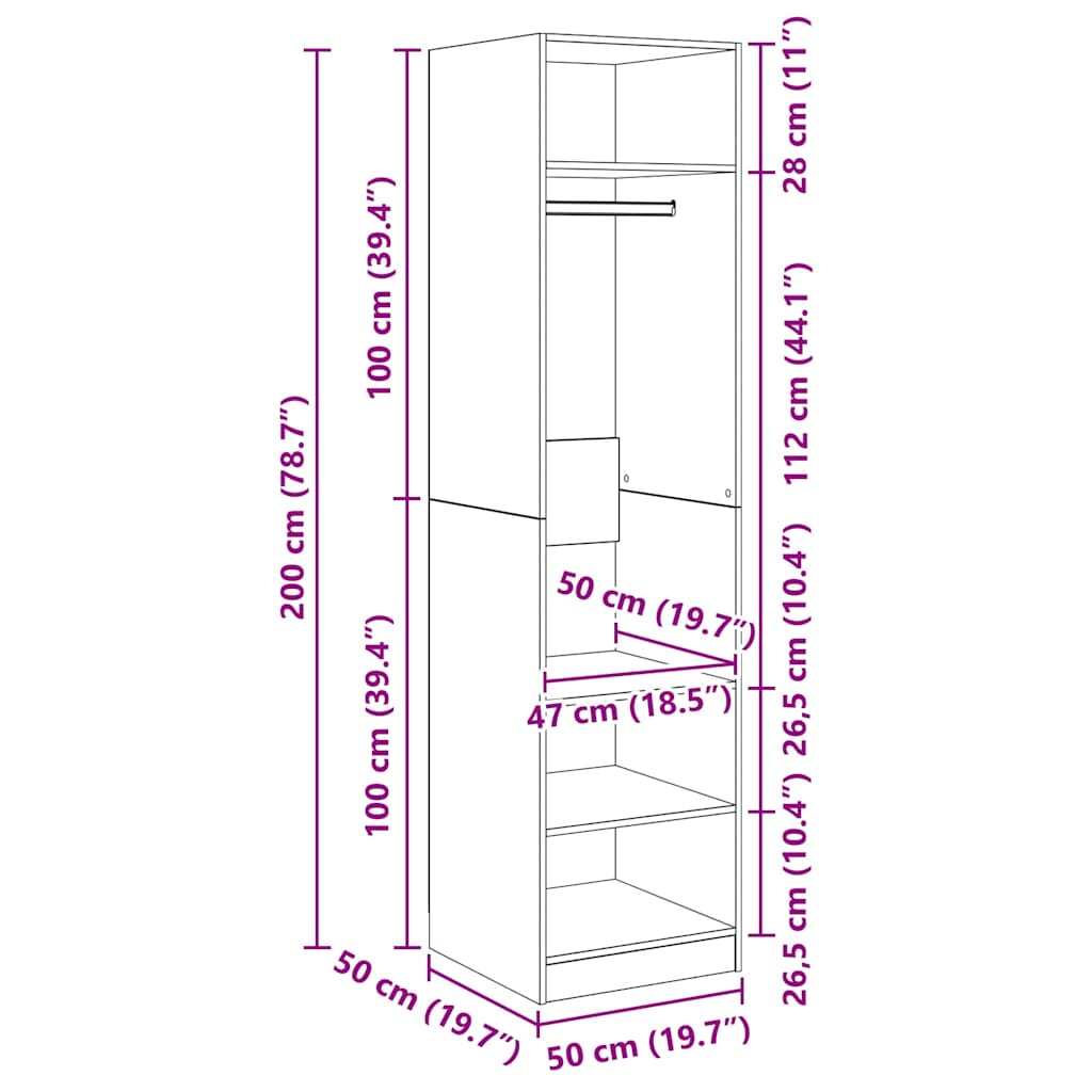 vidaXL Wardrobe Concrete Grey 50x50x200 cm Engineered Wood