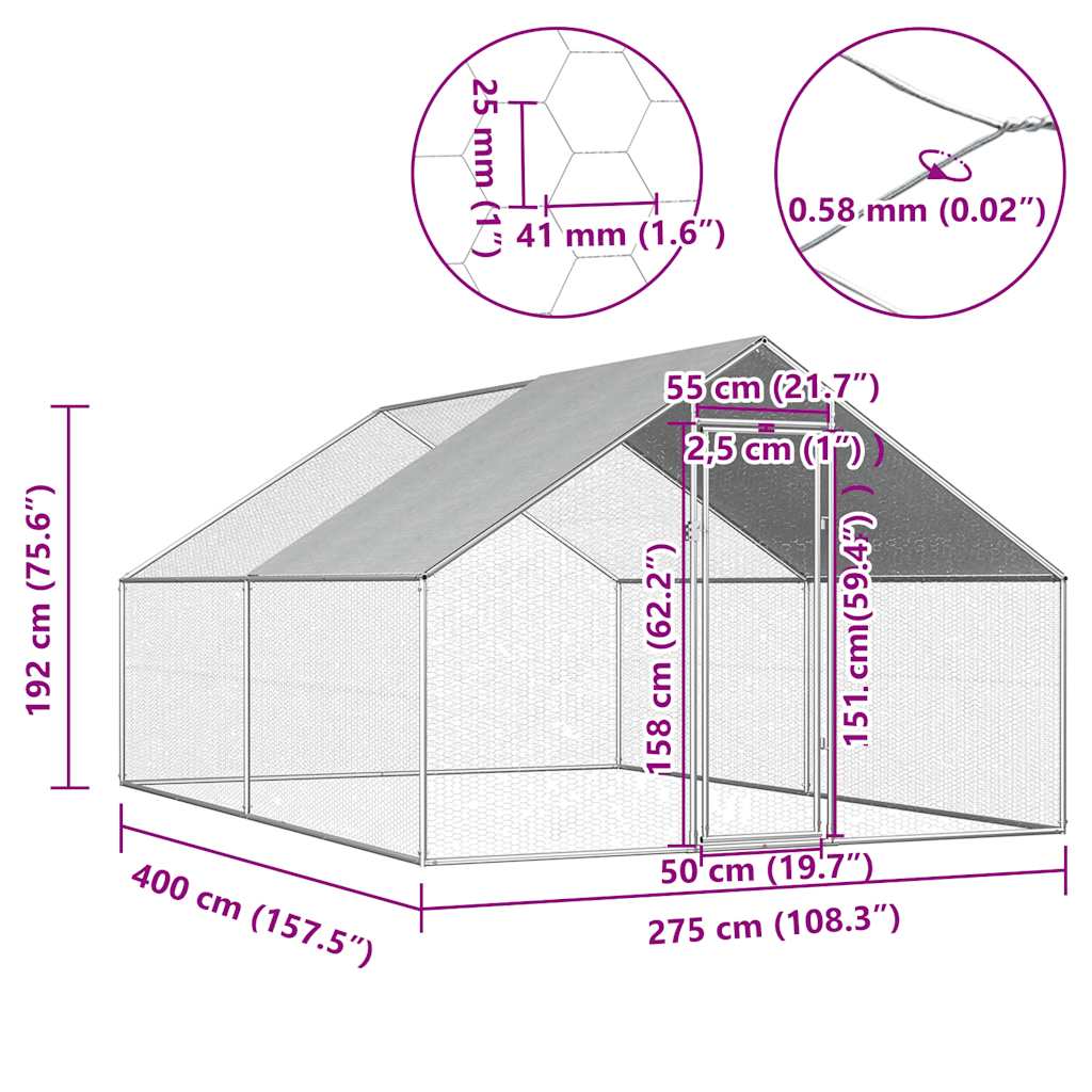 vidaXL Outdoor Chicken Cage 2.75x4x1.92 m Galvanised Steel