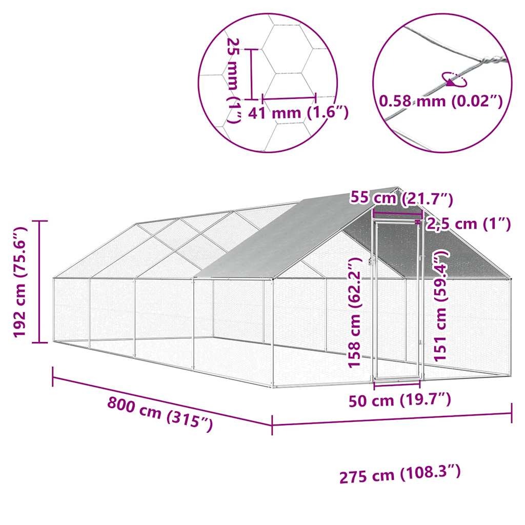 vidaXL Outdoor Chicken Cage 2.75x8x1.92 m Galvanised Steel