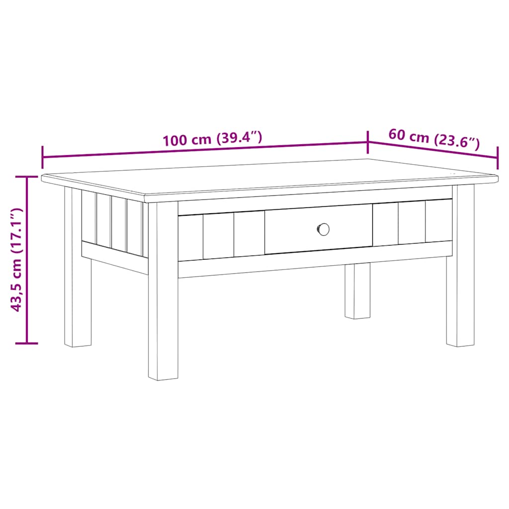 vidaXL Coffee Table 100x60x43.5 cm Solid Pine Wood Panama Range
