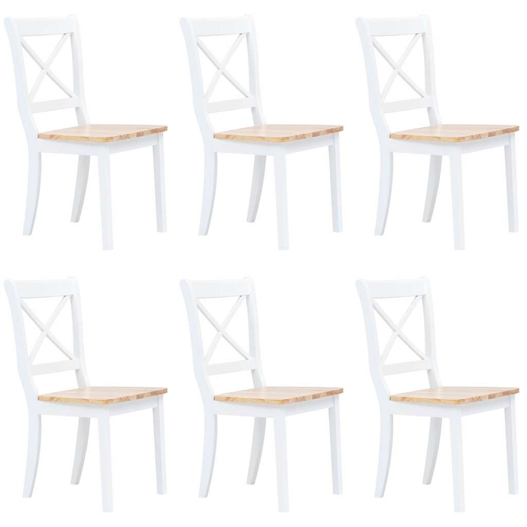 vidaXL Dining Chairs 6 pcs White and Natural Solid Rubber Wood