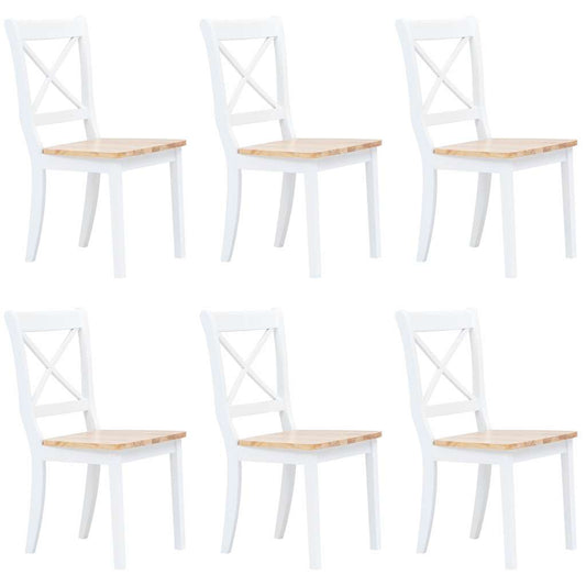 vidaXL Dining Chairs 6 pcs White and Natural Solid Rubber Wood