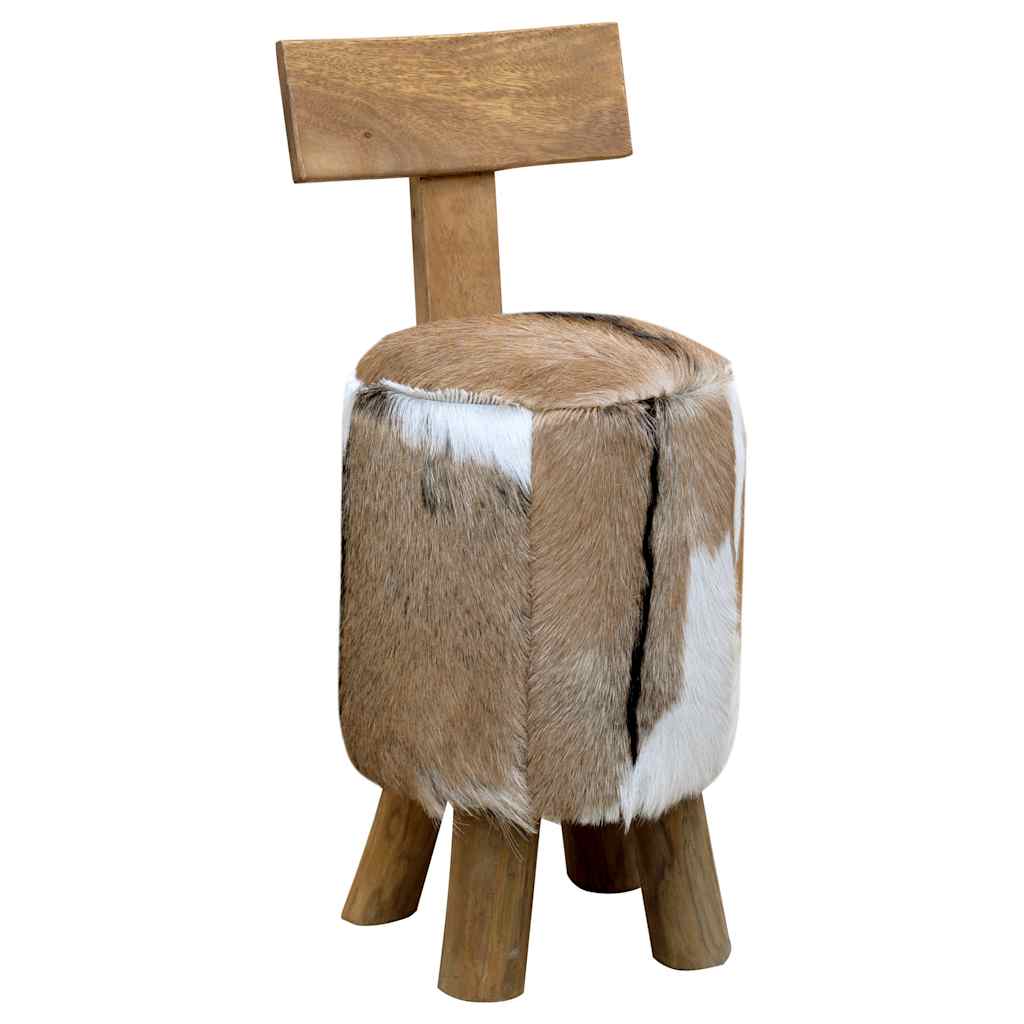 285206 vidaXL Stool Goatskin Leather and Solid Teak Wood