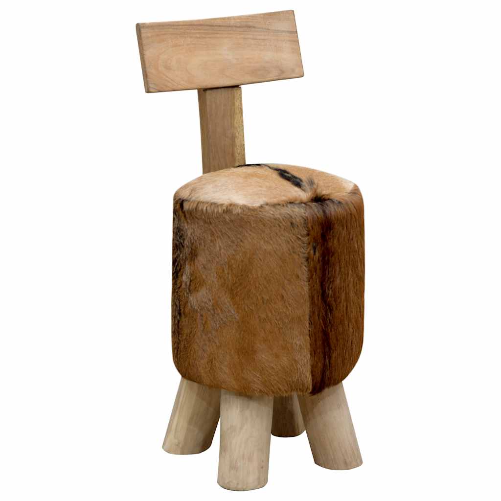 285206 vidaXL Stool Goatskin Leather and Solid Teak Wood
