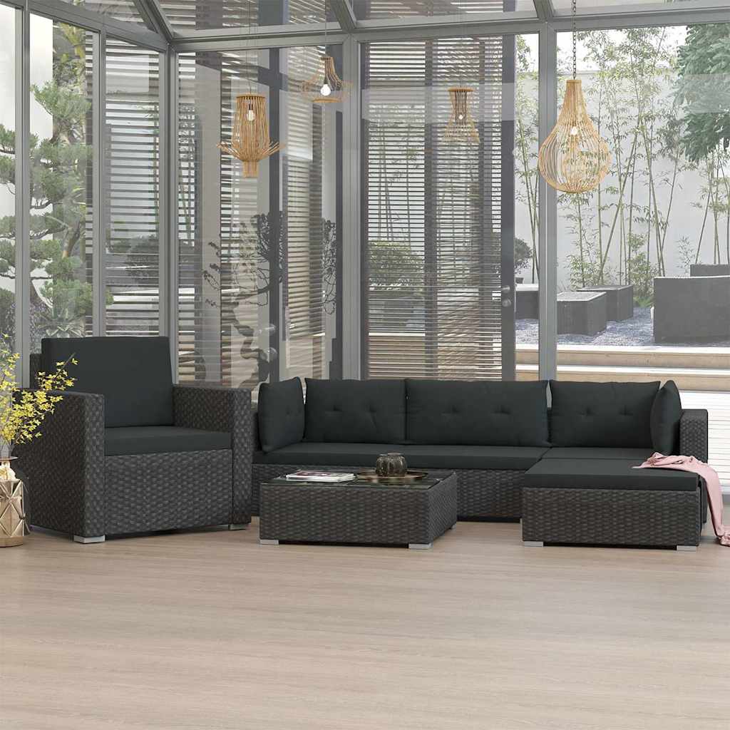 46745 vidaXL 6 Piece Garden Lounge Set with Cushions Poly Rattan Black