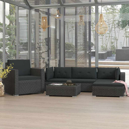 46745 vidaXL 6 Piece Garden Lounge Set with Cushions Poly Rattan Black