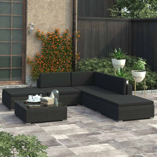46746 vidaXL 6 Piece Garden Lounge Set with Cushions Poly Rattan Black