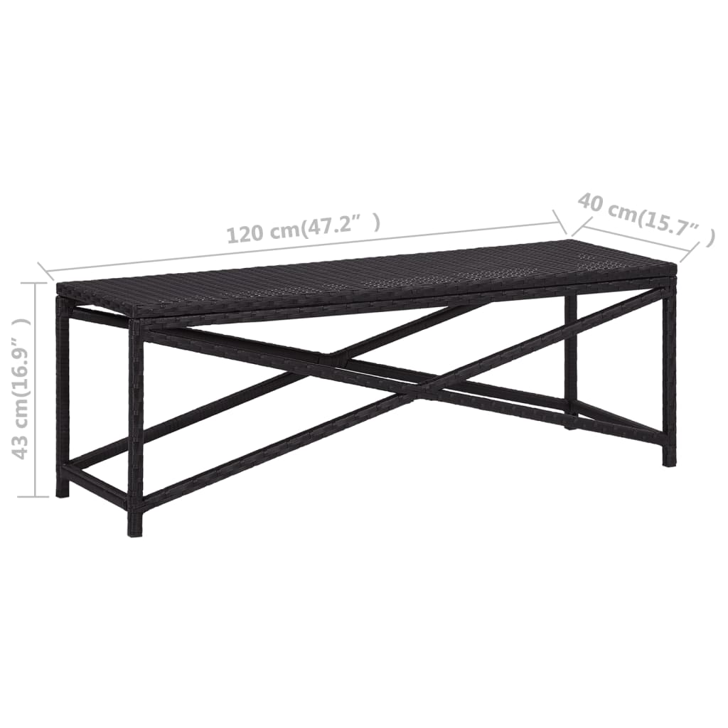 vidaXL Bench | Black | Poly Rattan, Powder-Coated Steel | 120 cm | Durable