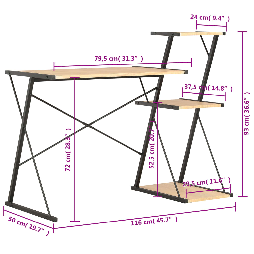 vidaXL Desk with Shelf Black and Oak 116x50x93 cm