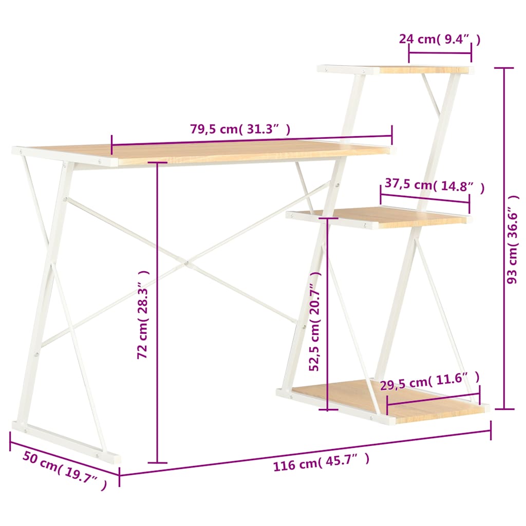 vidaXL Desk with Shelf White and Oak 116x50x93 cm