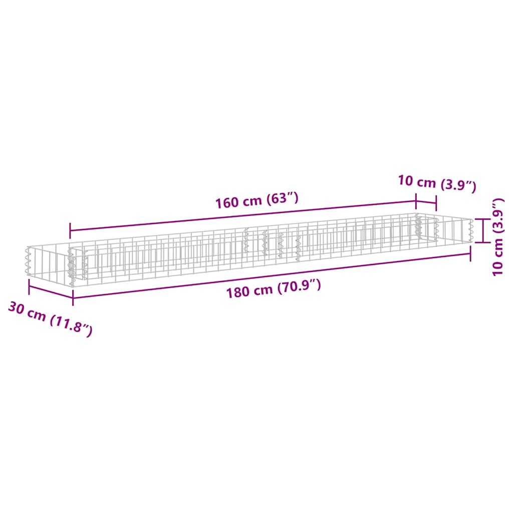 145632 vidaXL Gabion Raised Bed Galvanised Steel 180x30x10 cm