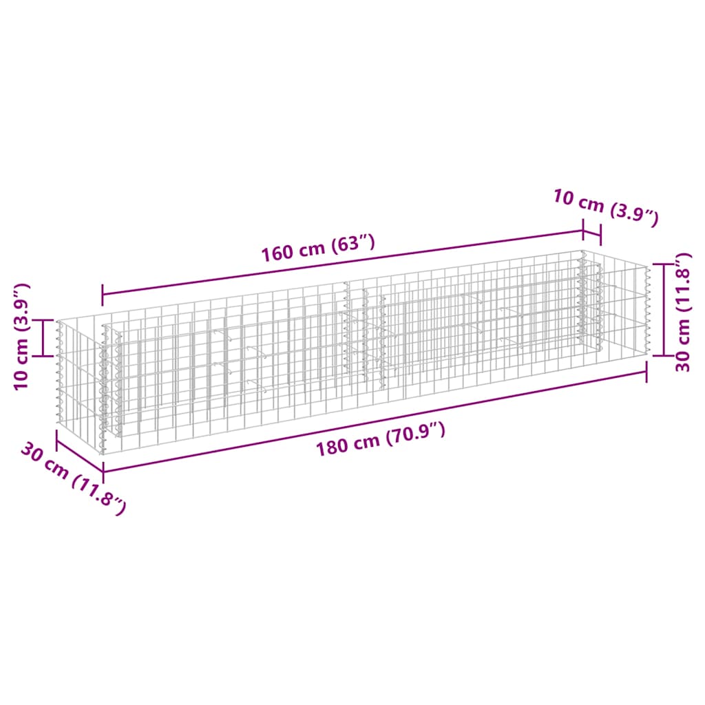 145633 vidaXL Gabion Raised Bed Galvanised Steel 180x30x30 cm
