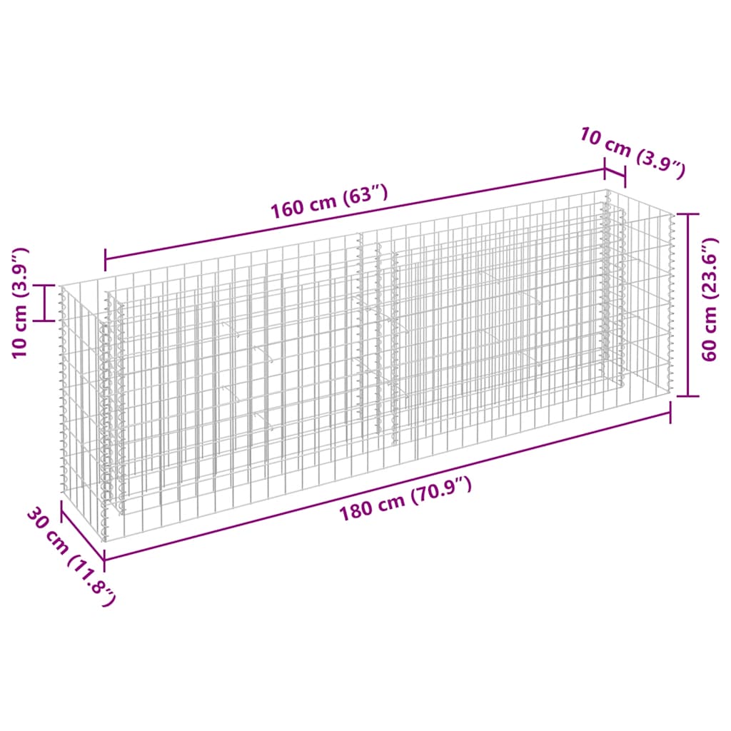 vidaXL Gabion Raised Bed Galvanised Steel 180x30x60 cm