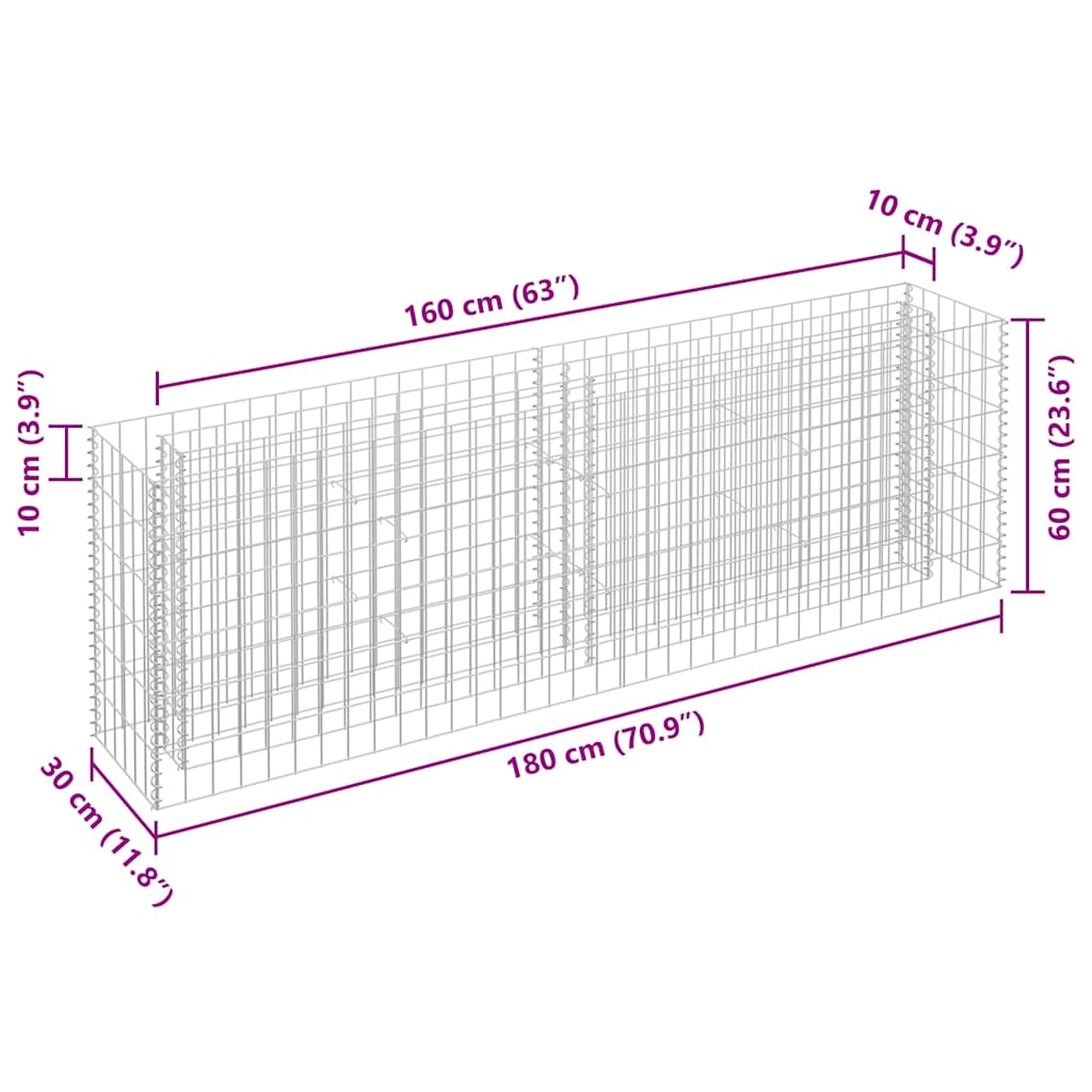 145634 vidaXL Gabion Raised Bed Galvanised Steel 180x30x60 cm