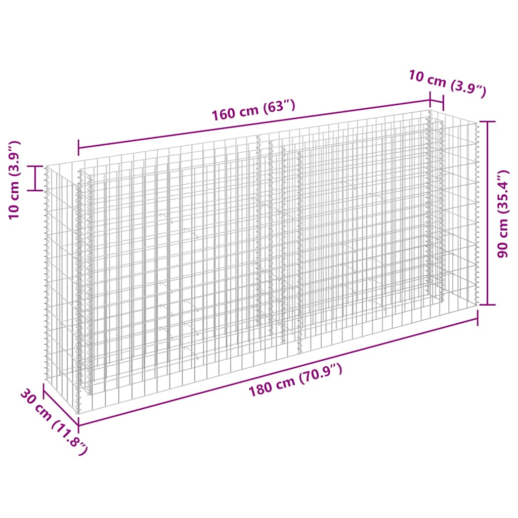 vidaXL Gabion Raised Bed Galvanised Steel 180x30x90 cm