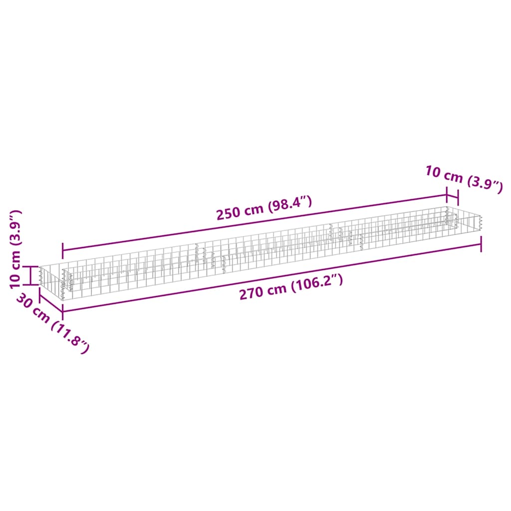 145636 vidaXL Gabion Raised Bed Galvanised Steel 270x30x10 cm