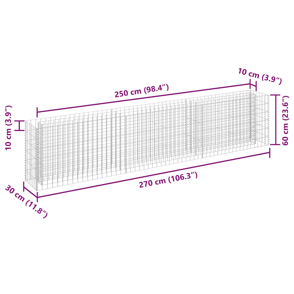 145638 vidaXL Gabion Raised Bed Galvanised Steel 270x30x60 cm