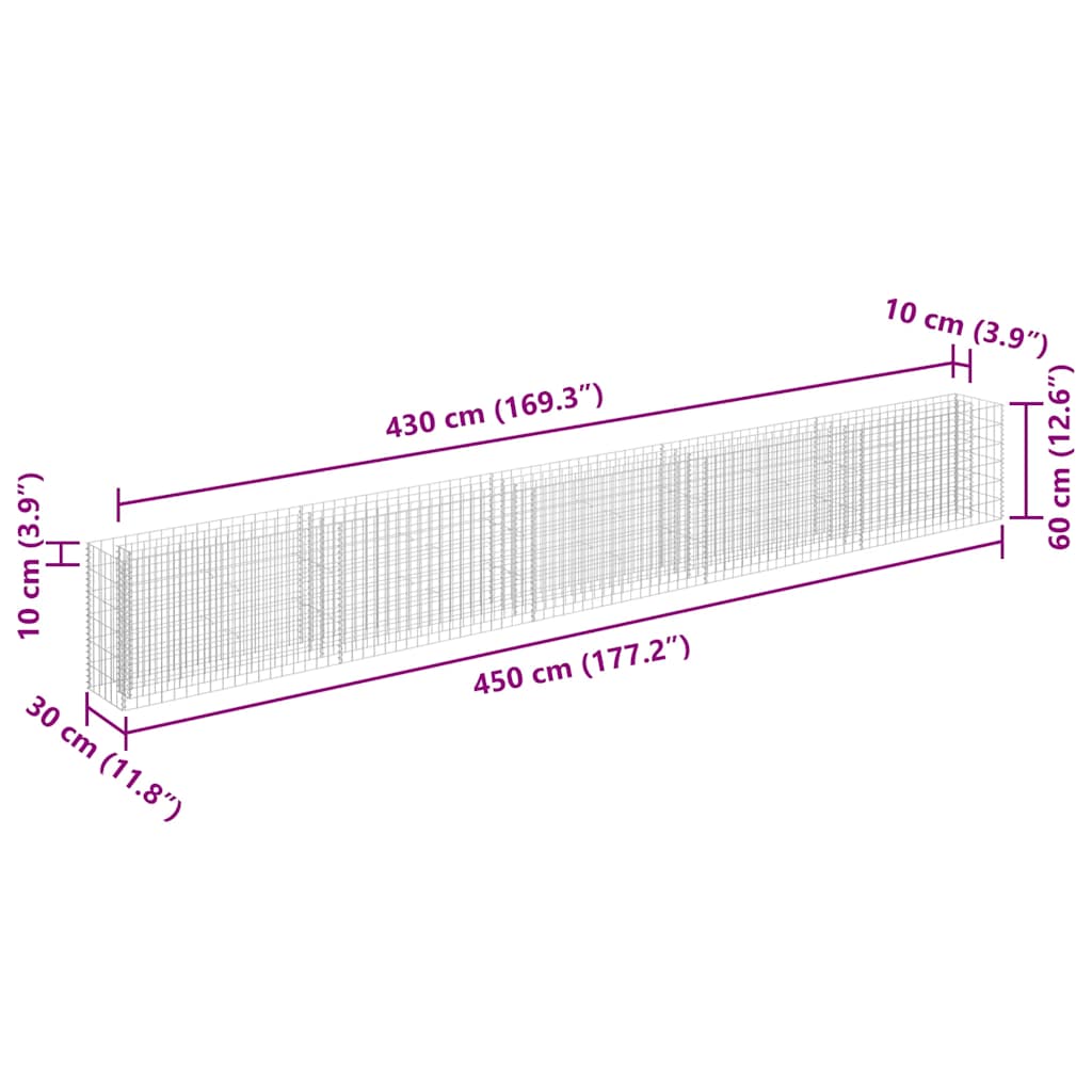 vidaXL Gabion Raised Bed Galvanised Steel 450x30x60 cm