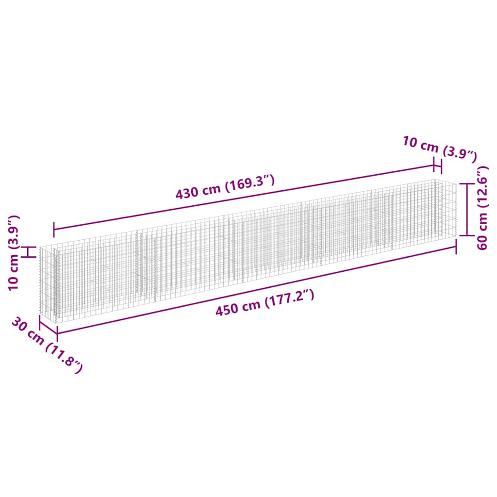 145646 vidaXL Gabion Raised Bed Galvanised Steel 450x30x60 cm