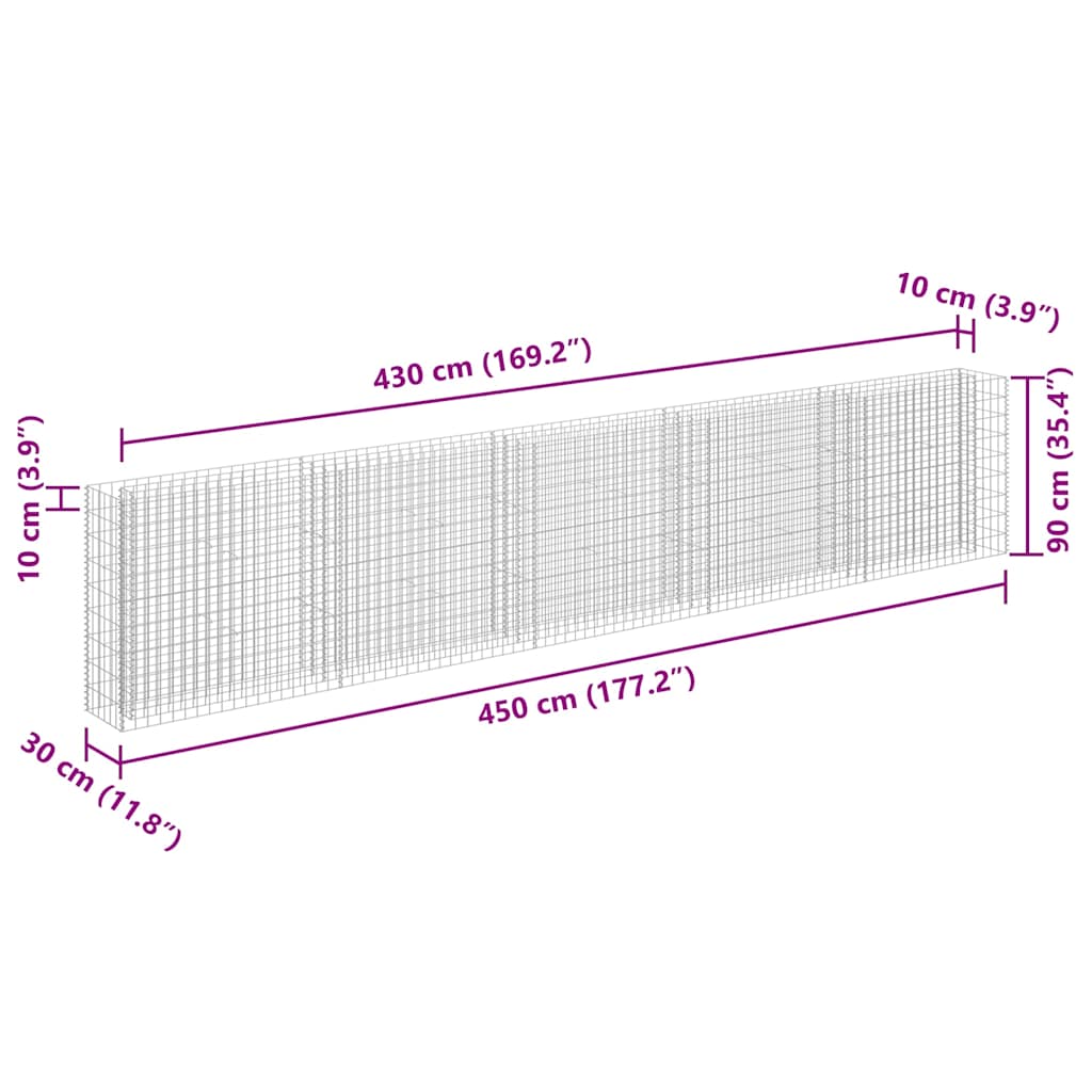 145647 vidaXL Gabion Raised Bed Galvanised Steel 450x30x90 cm