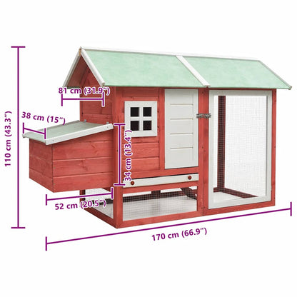 vidaXL Chicken Cage Red 170x81x110 cm Solid Pine & Fir Wood
