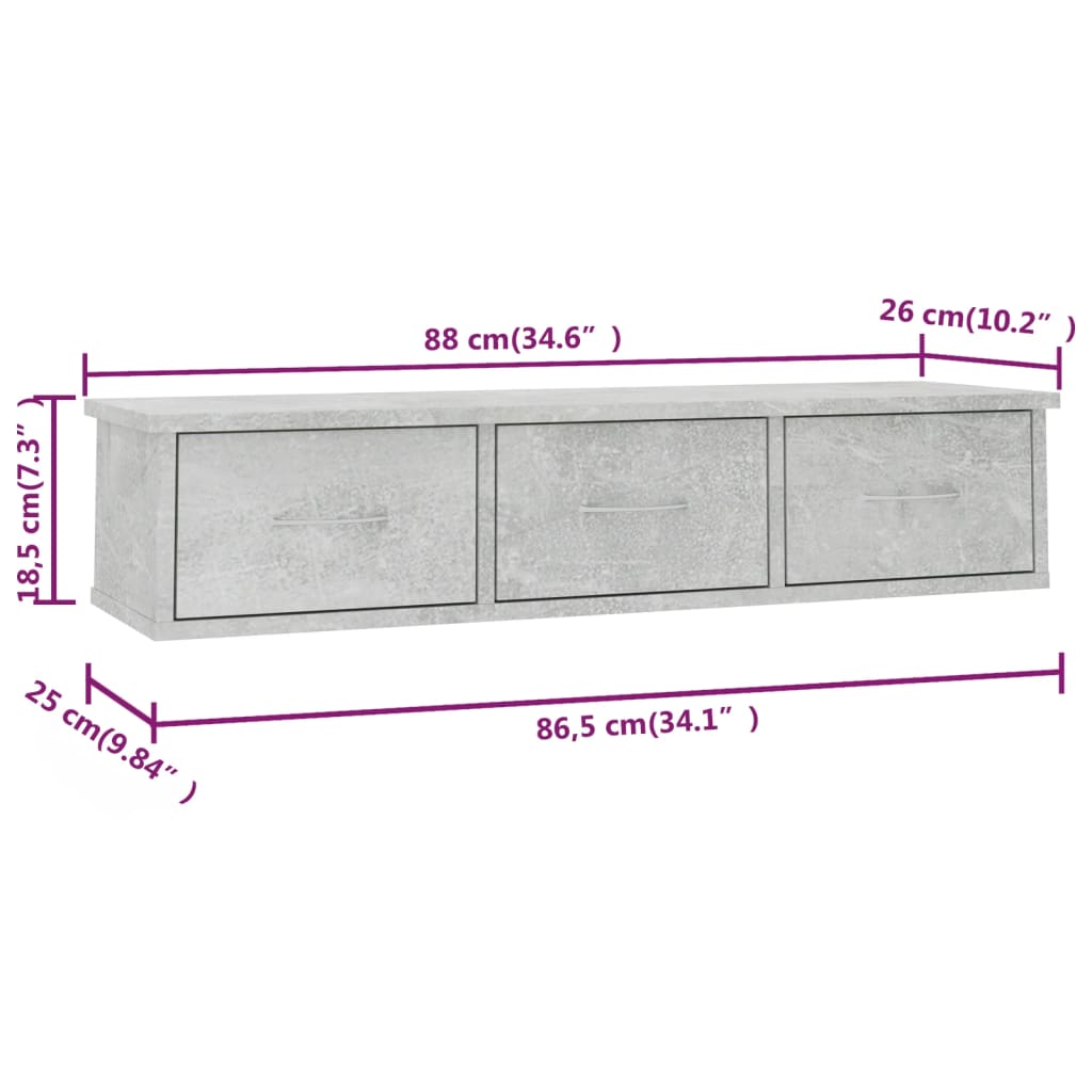 vidaXL Wall-mounted Drawer Shelf Concrete Grey 88x26x18.5 cm Engineered Wood