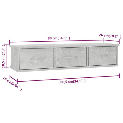 800598 vidaXL Wall-mounted Drawer Shelf Concrete Grey 88x26x18,5 cm Engineered Wood