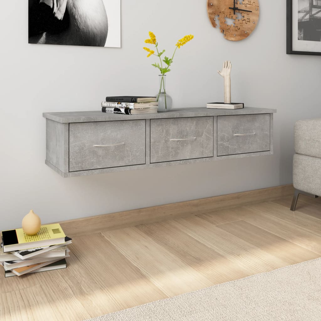 800598 vidaXL Wall-mounted Drawer Shelf Concrete Grey 88x26x18,5 cm Engineered Wood