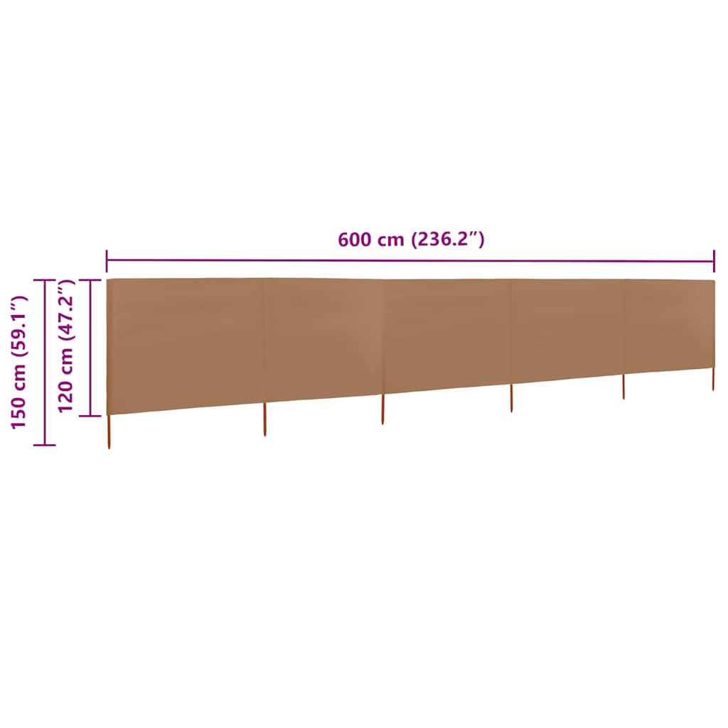 vidaXL 5-panel Wind Screen Fabric 600x120 cm Taupe