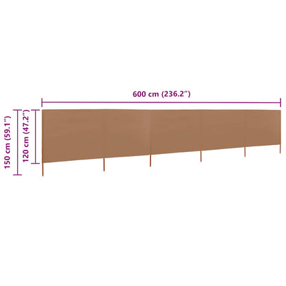 vidaXL 5-panel Wind Screen Fabric 600x120 cm Taupe