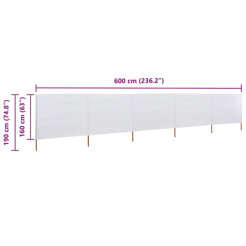 vidaXL 5-panel Wind Screen Fabric 600x160 cm Sand White