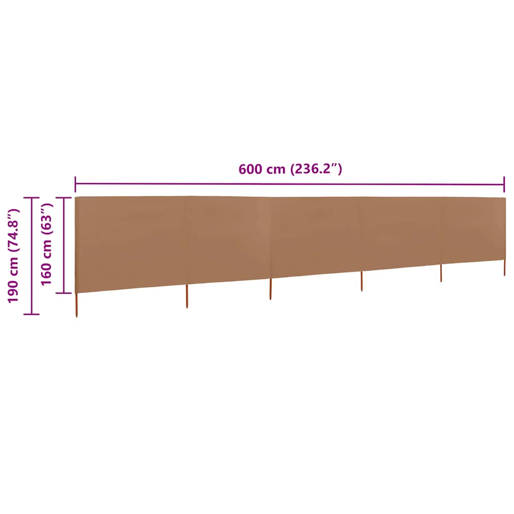 vidaXL 5-panel Wind Screen Fabric 600x160 cm Taupe