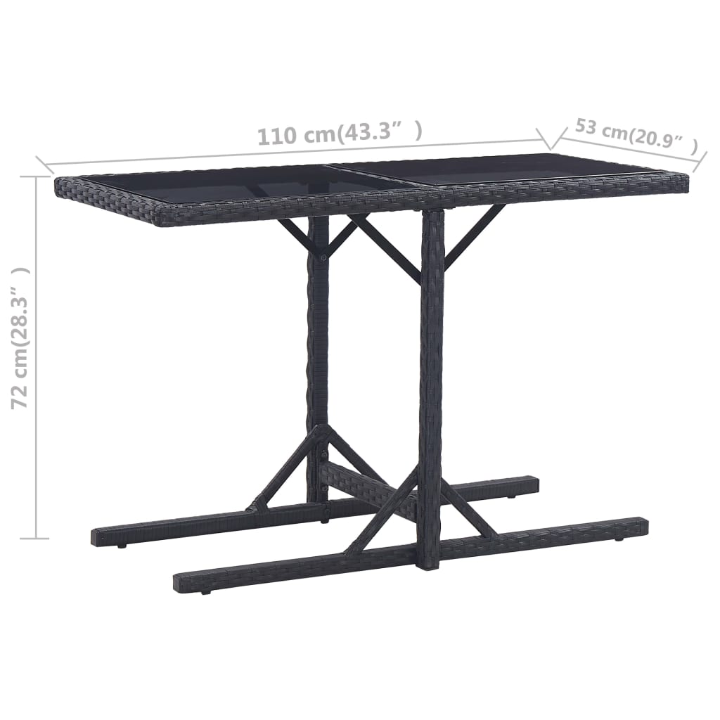 vidaXL Garden Table Black 110x53x72 cm Glass and Poly Rattan