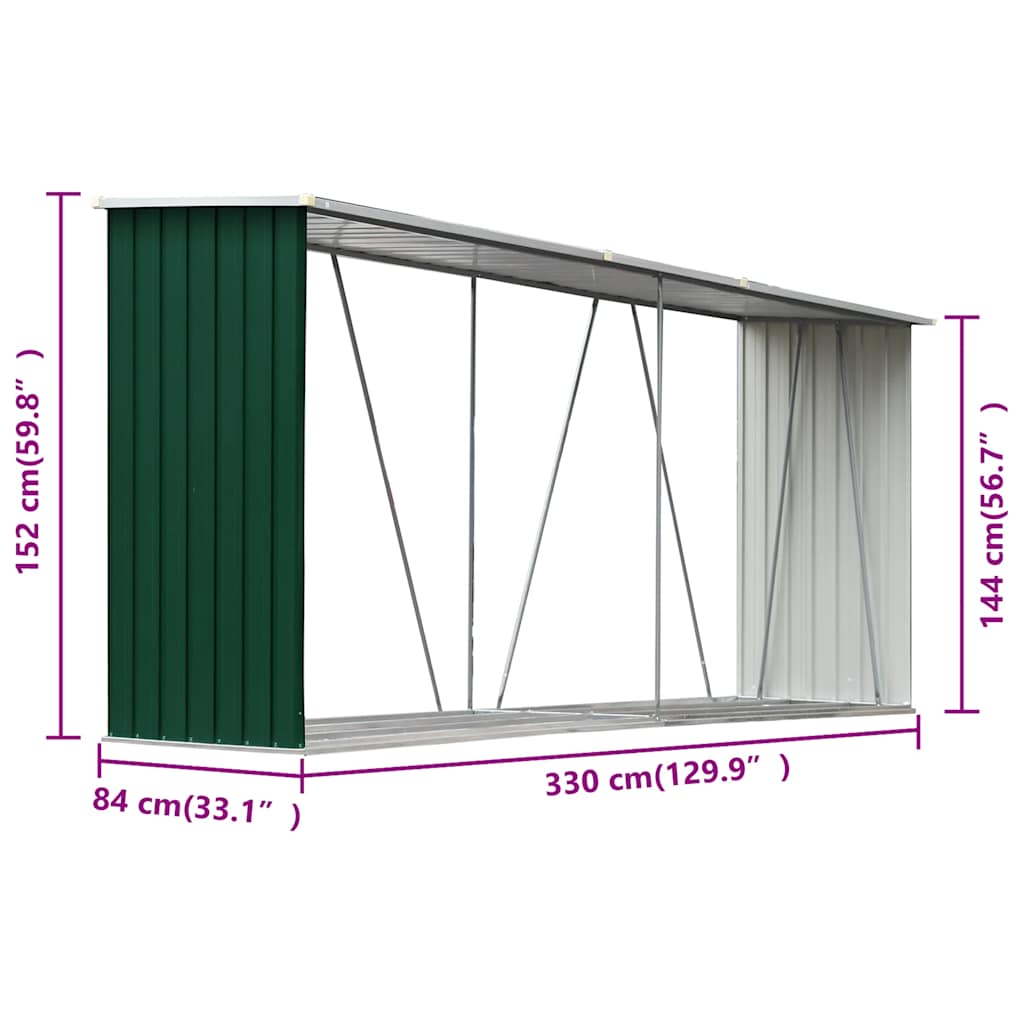 vidaXL Garden Log Storage Shed Galvanised Steel 330x84x152 cm Green