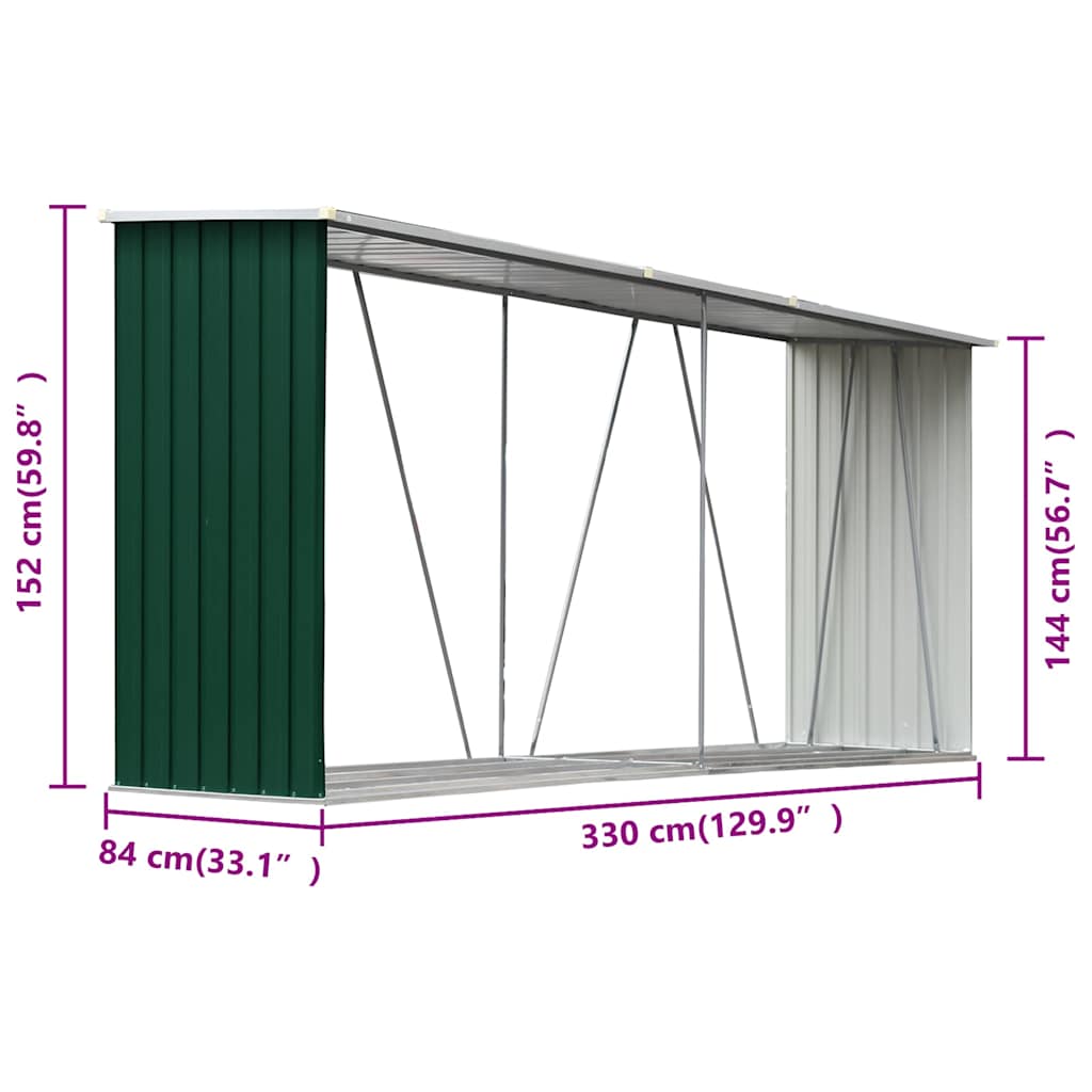 47083 vidaXL Garden Log Storage Shed Galvanised Steel 330x84x152 cm Green