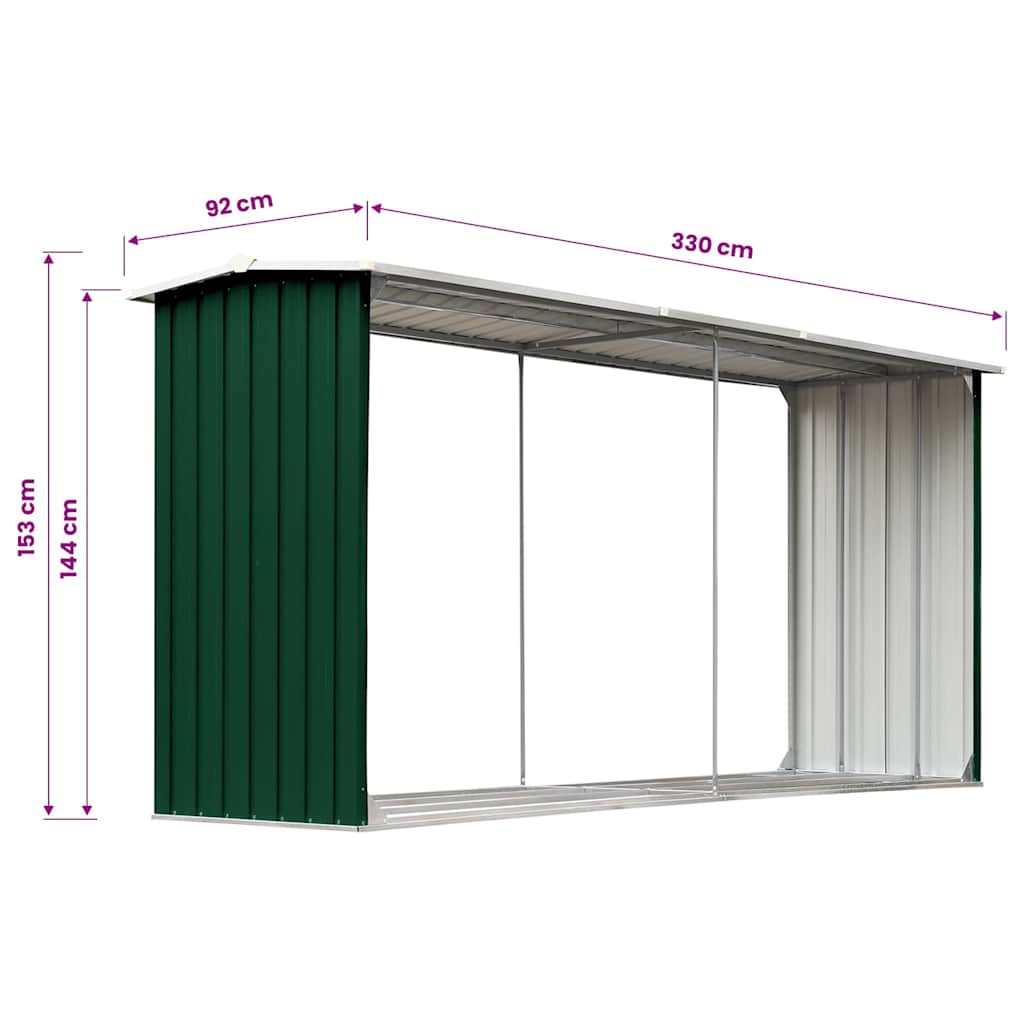 47086 vidaXL Garden Log Storage Shed Galvanised Steel 330x92x153 cm Green