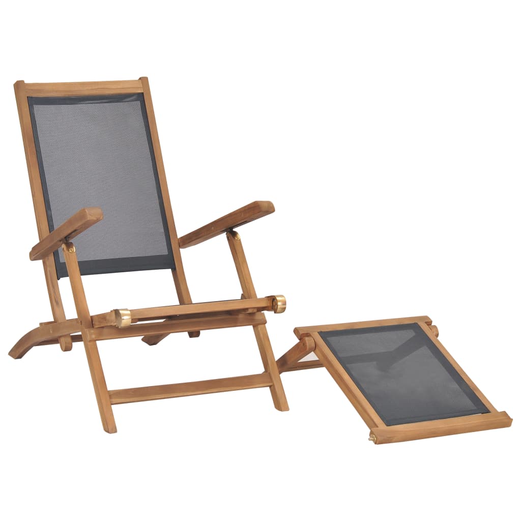 vidaXL Deck Chair | Black | Solid Teak Wood | 152 cm x 60 cm x 90 cm | Foldable