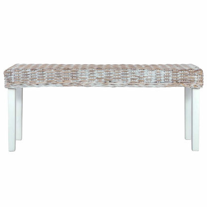 285788 vidaXL Bench 110 cm White Natural Kubu Rattan and Solid Mahogany Wood