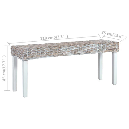 285788 vidaXL Bench 110 cm White Natural Kubu Rattan and Solid Mahogany Wood