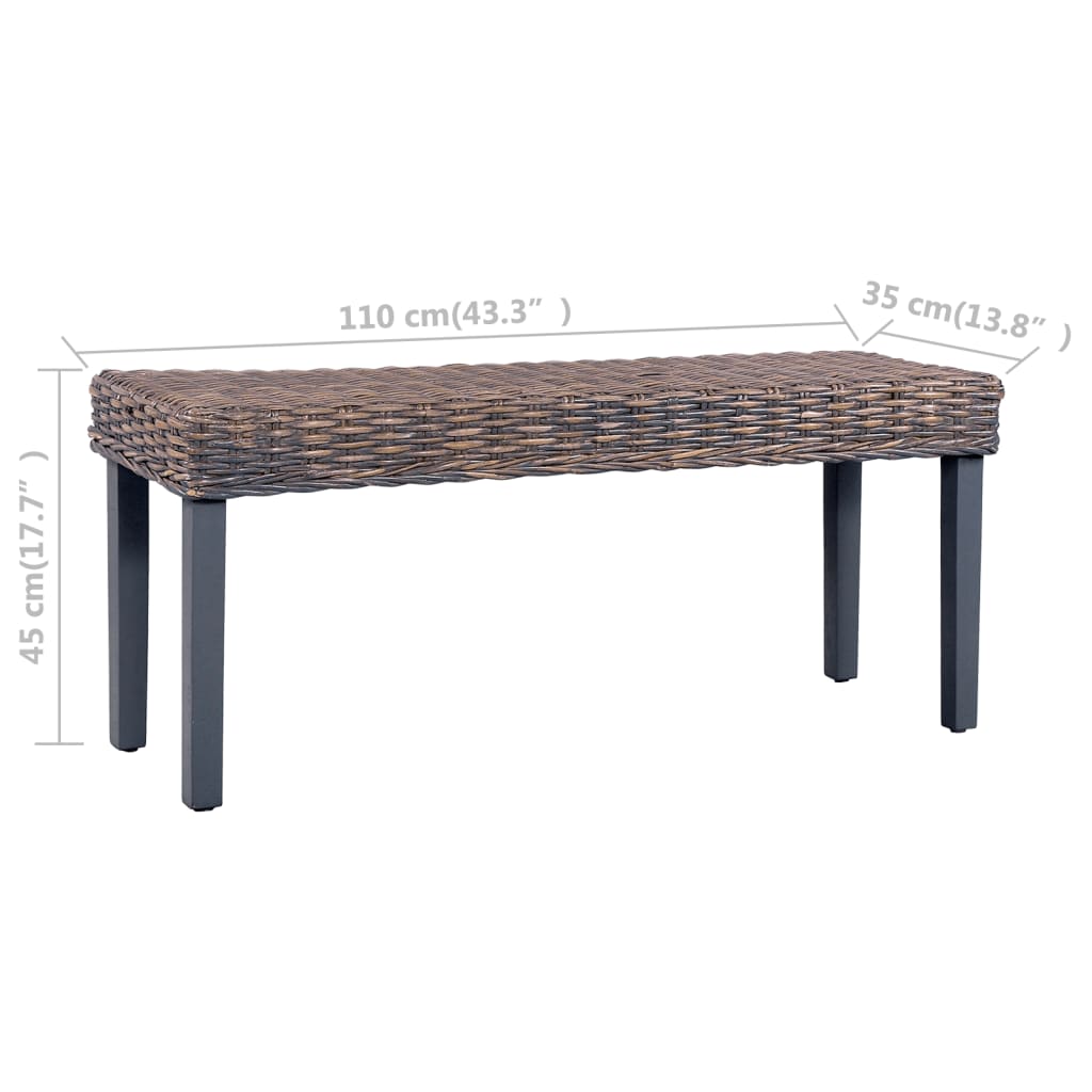 vidaXL Bench 110 cm Grey Natural Kubu Rattan and Solid Mahogany Wood