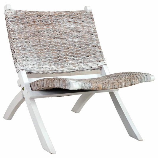 vidaXL Relaxing Chair | White, Natural | Kubu Rattan, Solid Mahogany Wood