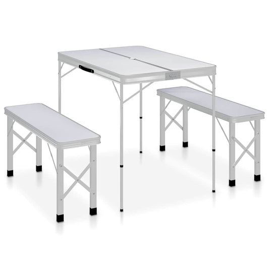 48181 vidaXL Folding Camping Table with 2 Benches Aluminium White