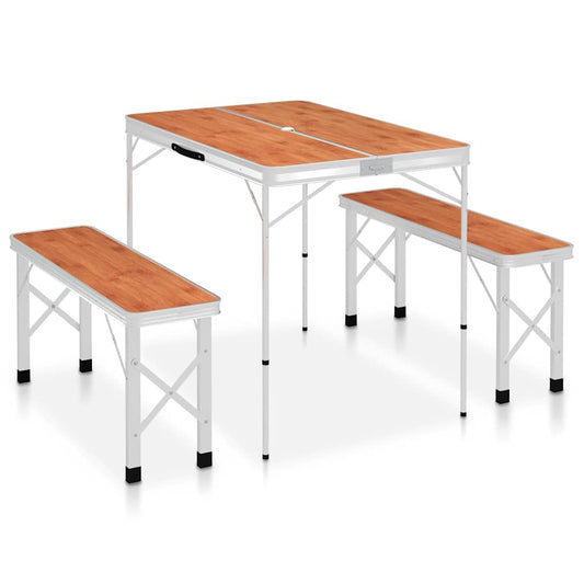 48182 vidaXL Folding Camping Table with 2 Benches Aluminium Brown