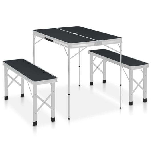 48183 vidaXL Folding Camping Table with 2 Benches Aluminium Grey