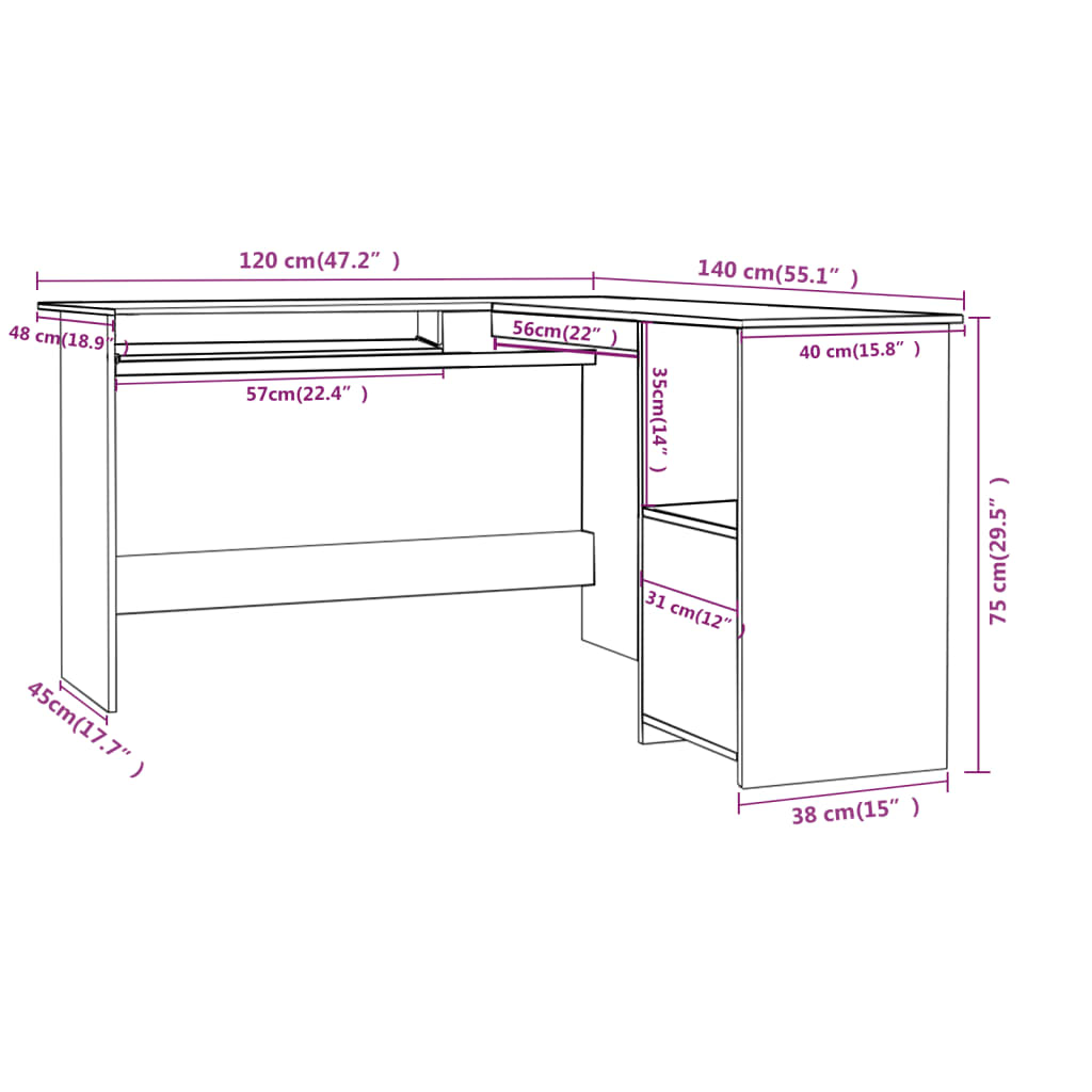 vidaXL L-Shaped Corner Desk Sonoma Oak 120x140x75 cm Engineered Wood