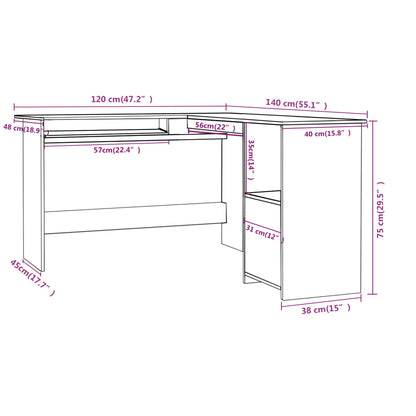 vidaXL L-Shaped Corner Desk Sonoma Oak 120x140x75 cm Engineered Wood