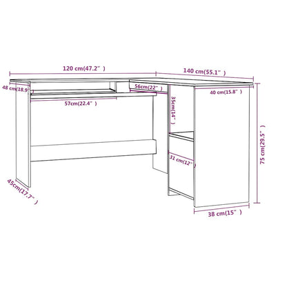 800750 vidaXL L-Shaped Corner Desk Sonoma Oak 120x140x75 cm Engineered Wood