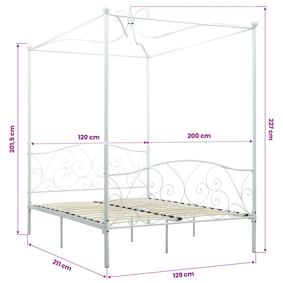 vidaXL Canopy Bed Frame without Mattress White Metal 120x200 cm