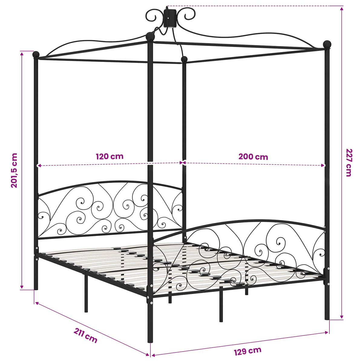 vidaXL Canopy Bed Frame without Mattress Black Metal 120x200 cm
