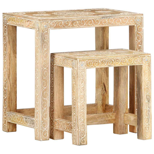 285881 vidaXL 2 Piece Hand-painted Side Table Set Solid Mango Wood